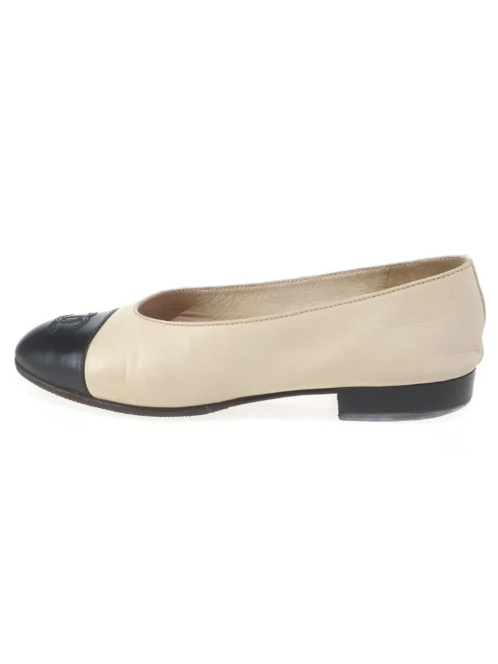 Chanel CC Logo Flat Shoes Pumps Leather Black Beige